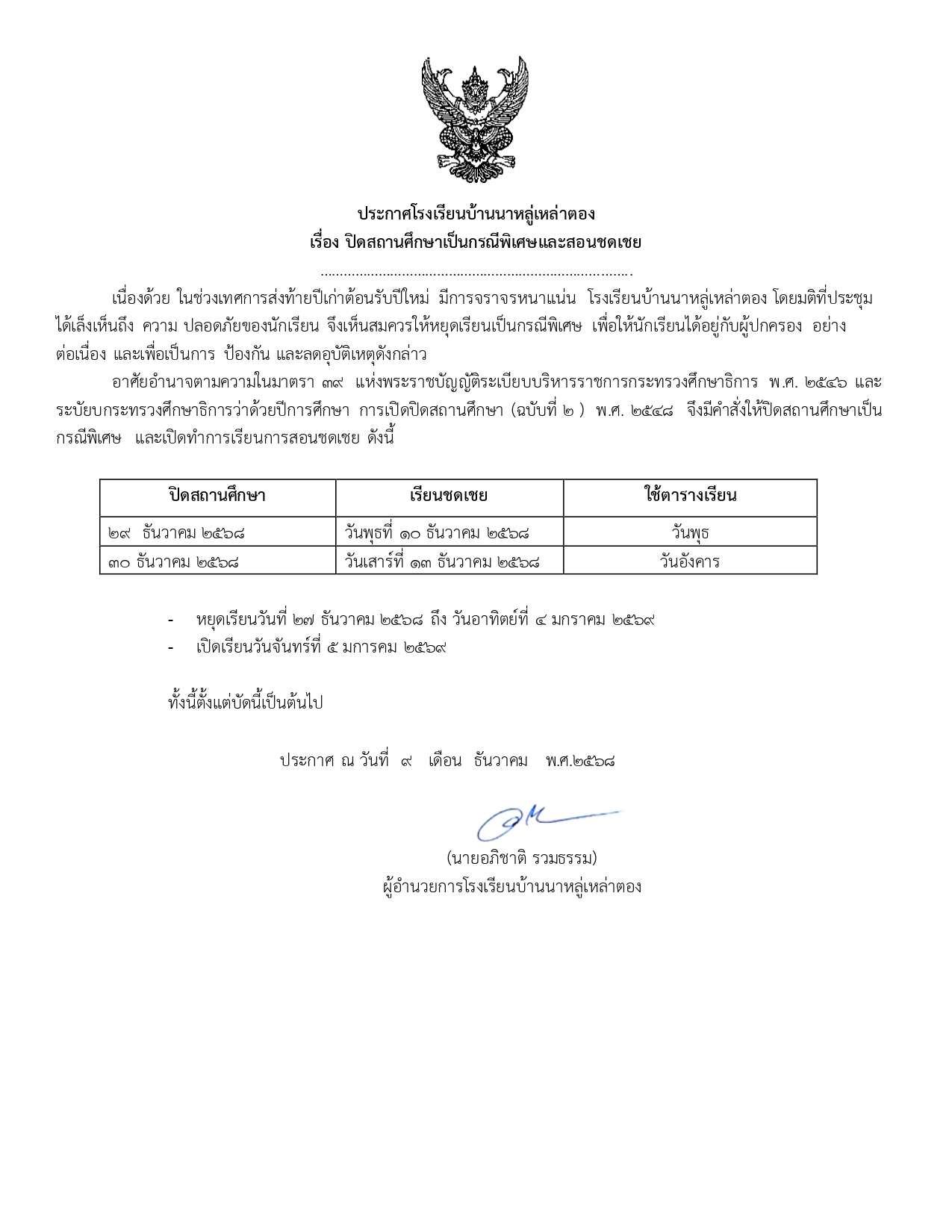 ประกาศโรงเรียนบ้านนาหลู่เหล่าตองปิดเรีย page 0001